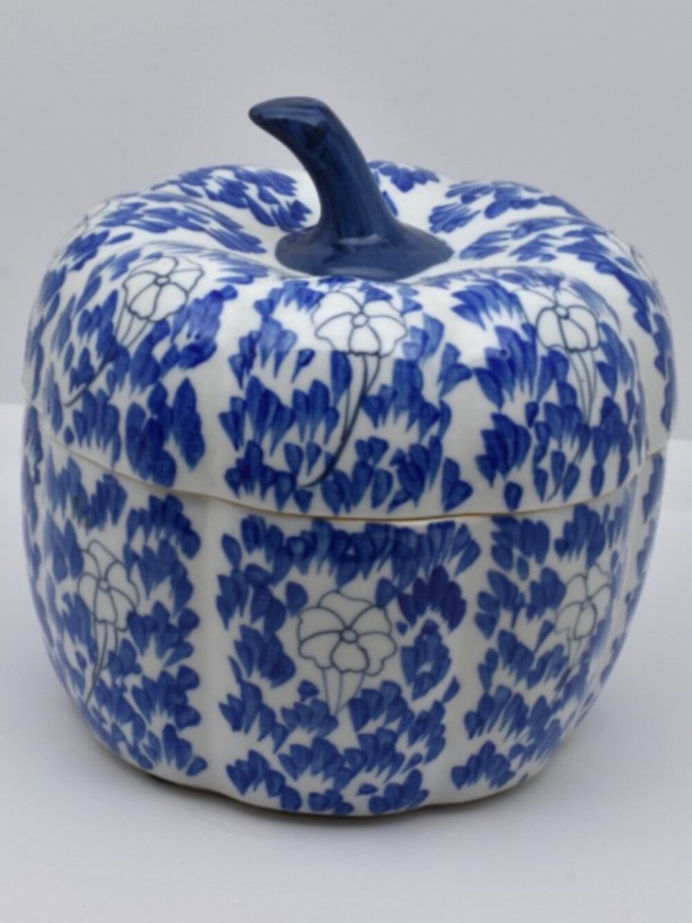 Porcelain Lidded Pumpkin, Blue and White, 6", Made in Thailand